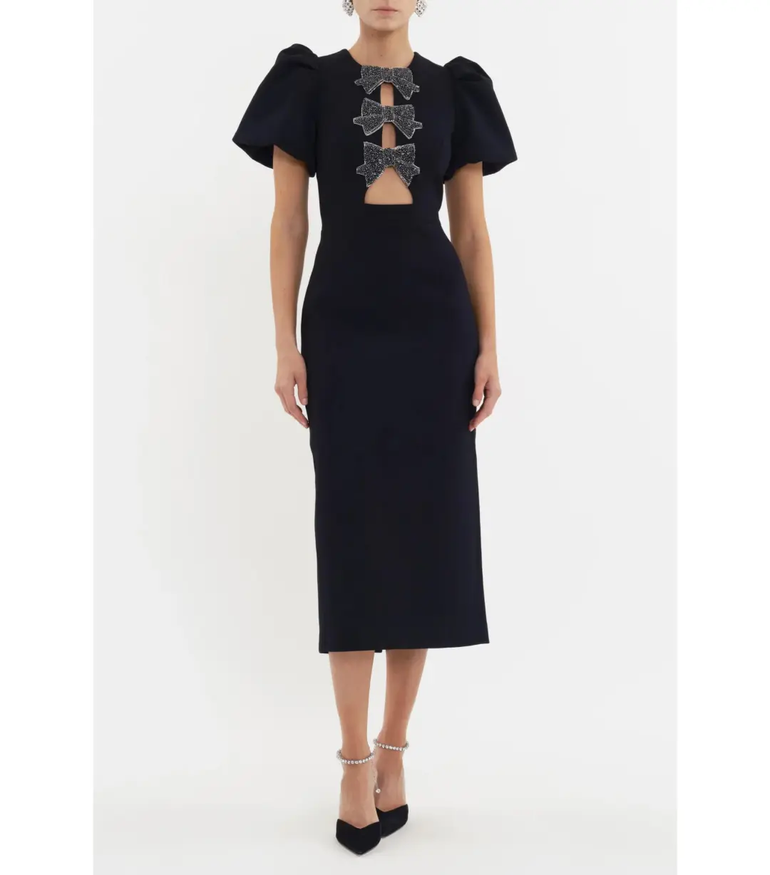 Rebecca Vallance Eliana Puff Sleeve Midi Dress Black Size AU 10 for rent on The Volte - main image