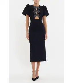 Rebecca Vallance Eliana Puff Sleeve Midi Dress Black Size AU 10 for rent on The Volte - image 1