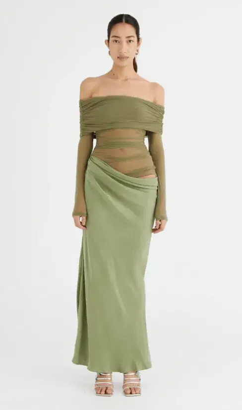 Benni Yasmin Off Shoulder Maxi Dress Pistachio Size 8 for rent on The Volte - main image