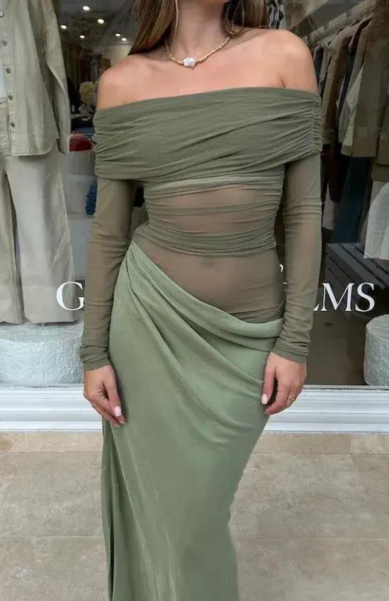 Benni Yasmin Off Shoulder Maxi Dress Pistachio Size 8 for rent on The Volte - main image