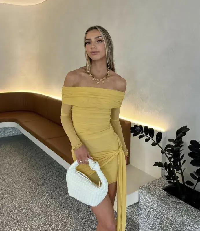 Benni Yasmin Off the Shoulder Mini Dress Mustard Size 8 for rent on The Volte - main image