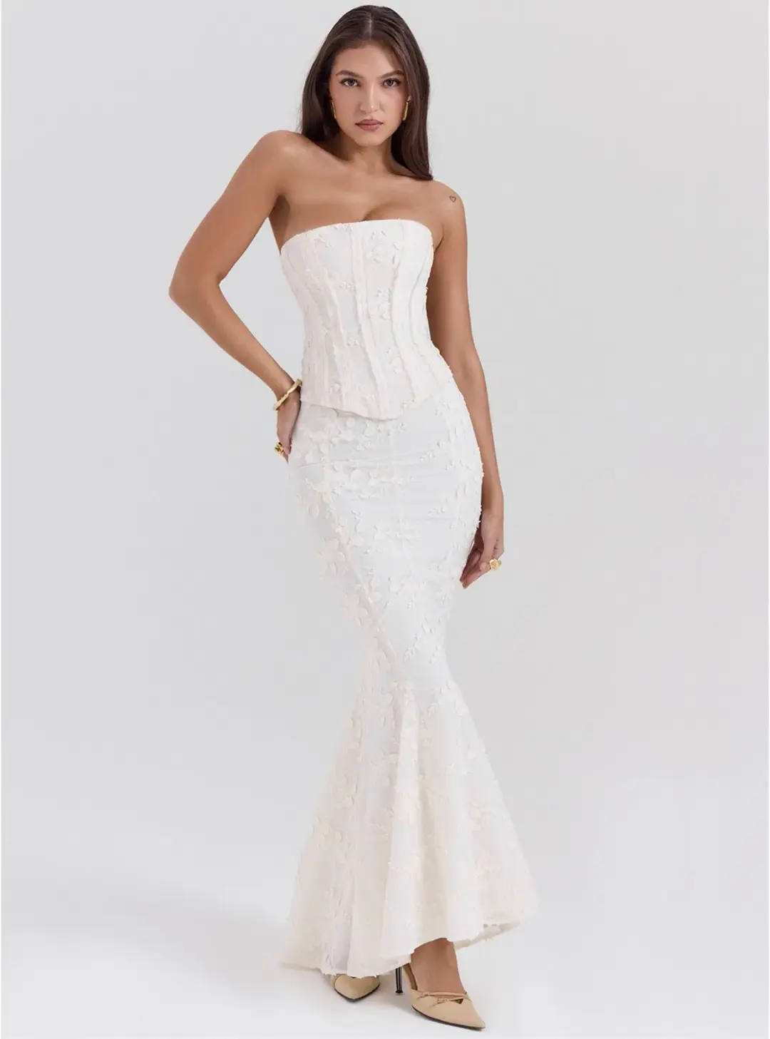 House of CB Dakota Embroidered Strapless Corset and Veronica Embroidered Godet Maxi Skirt Set Vintage Ivory Size M / AU 10 for rent on The Volte - main image