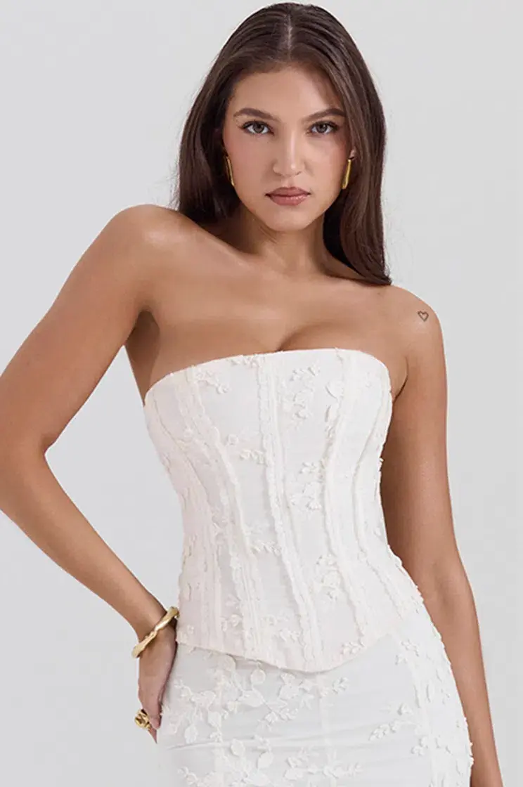 House of CB Dakota Embroidered Strapless Corset and Veronica Embroidered Godet Maxi Skirt Set Vintage Ivory Size M / AU 10 for rent on The Volte - main image