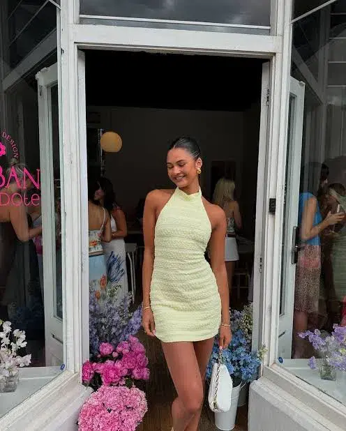 With Harper Lu Textured Halter Mini Dress Lemon Yellow Size XS / AU 6 for rent on The Volte - main image