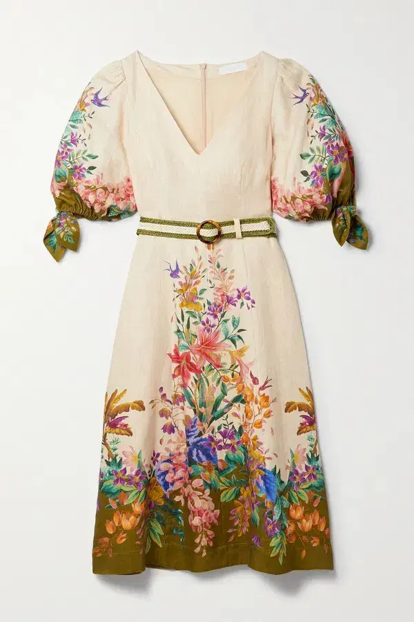 Zimmermann Tropicana Belted Linen Midi Dress in Cream Floral Print Size 3 / AU 14 for rent on The Volte - main image
