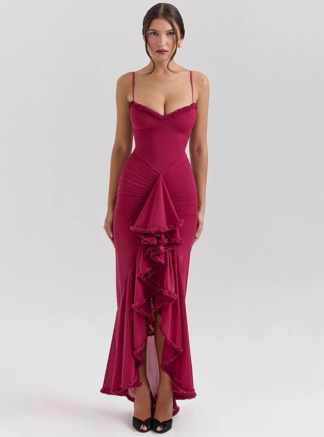 House of CB Gabbi Ruffled Front Gown Wine Size XS / AU 6 for rent on The Volte - main image