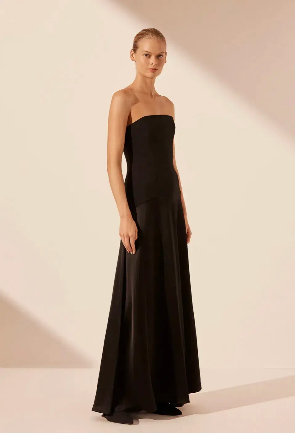 Shona Joy Adri Strapless Panelled Maxi Dress in Black Size 12 for rent on The Volte - main image