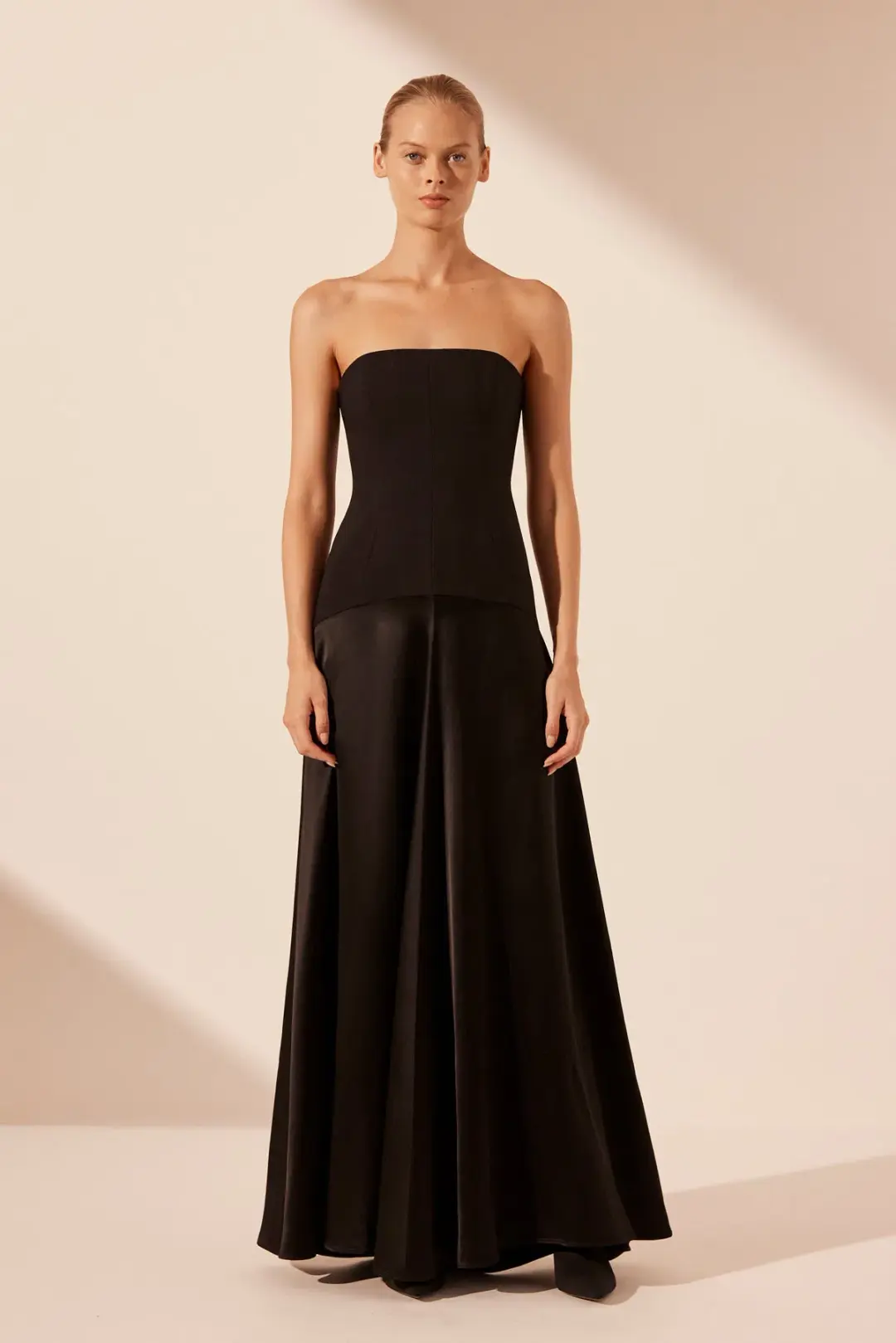 Shona Joy Adri Strapless Panelled Maxi Dress in Black Size 12 for rent on The Volte - main image