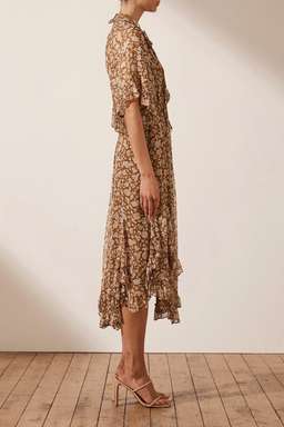 Shona Joy Odette Flutter Sleeve Godet Midi Dress Print Size 10