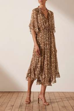 Shona Joy Odette Flutter Sleeve Godet Midi Dress Print Size 10