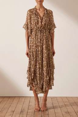 Shona Joy Odette Flutter Sleeve Godet Midi Dress Print Size 10