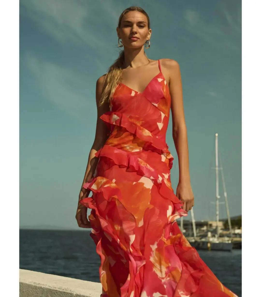 Forever New Asymmetrical Ruffle Orange Poppy Dress Print Size AU 8 for rent on The Volte - main image