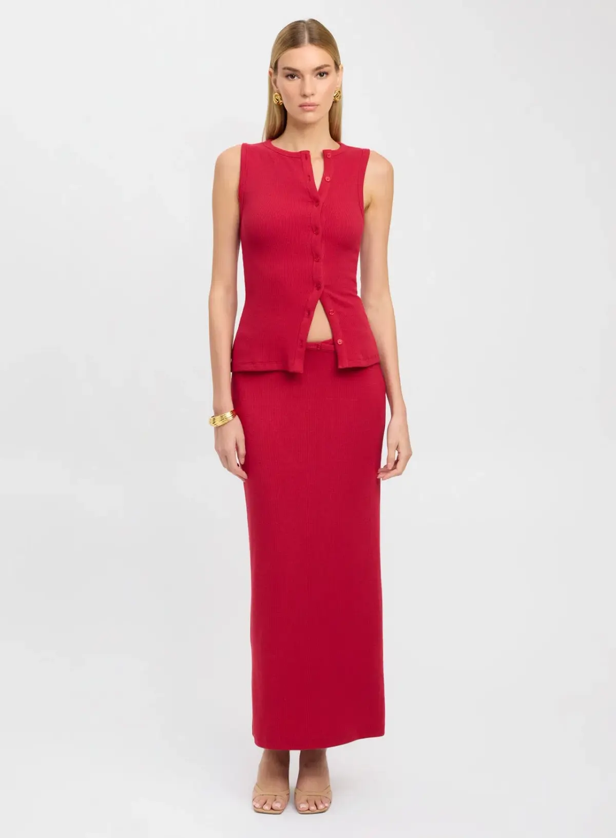 Kookai Bec Button Tank and Carter Maxi Skirt Set Cherry Red Size 6 - Image 1