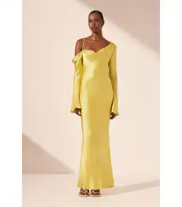 Shona Joy Sofia Asymmetrical Long Sleeve Maxi Dress Lime Size AU 8