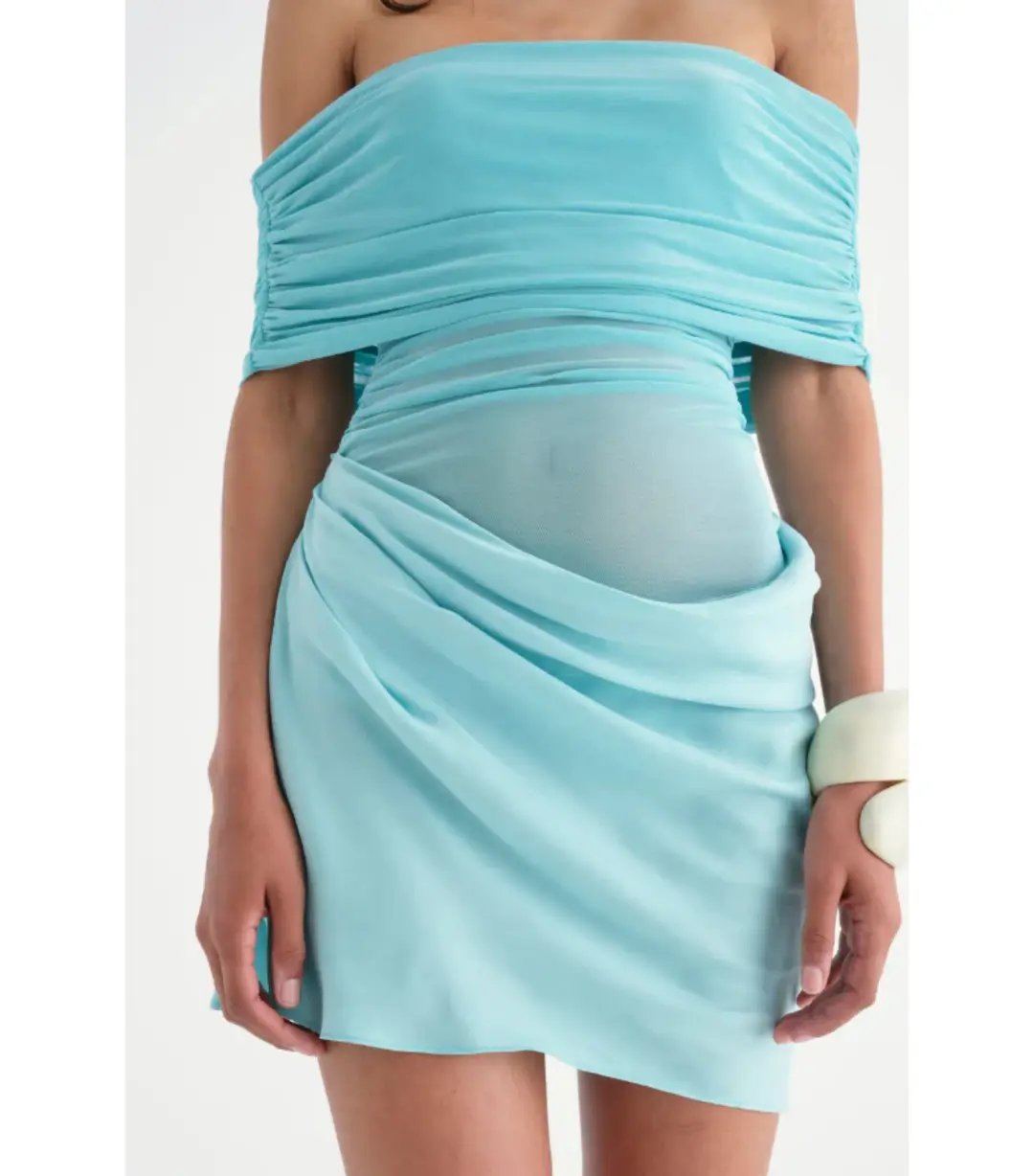 Benni Nico Off Shoulder Mini Dress in Aquamarine Size AU 4 for rent on The Volte - main image
