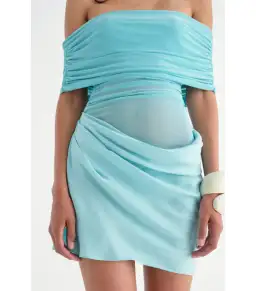 Benni Nico Off Shoulder Mini Dress in Aquamarine Size AU 4 for rent on The Volte - image 3