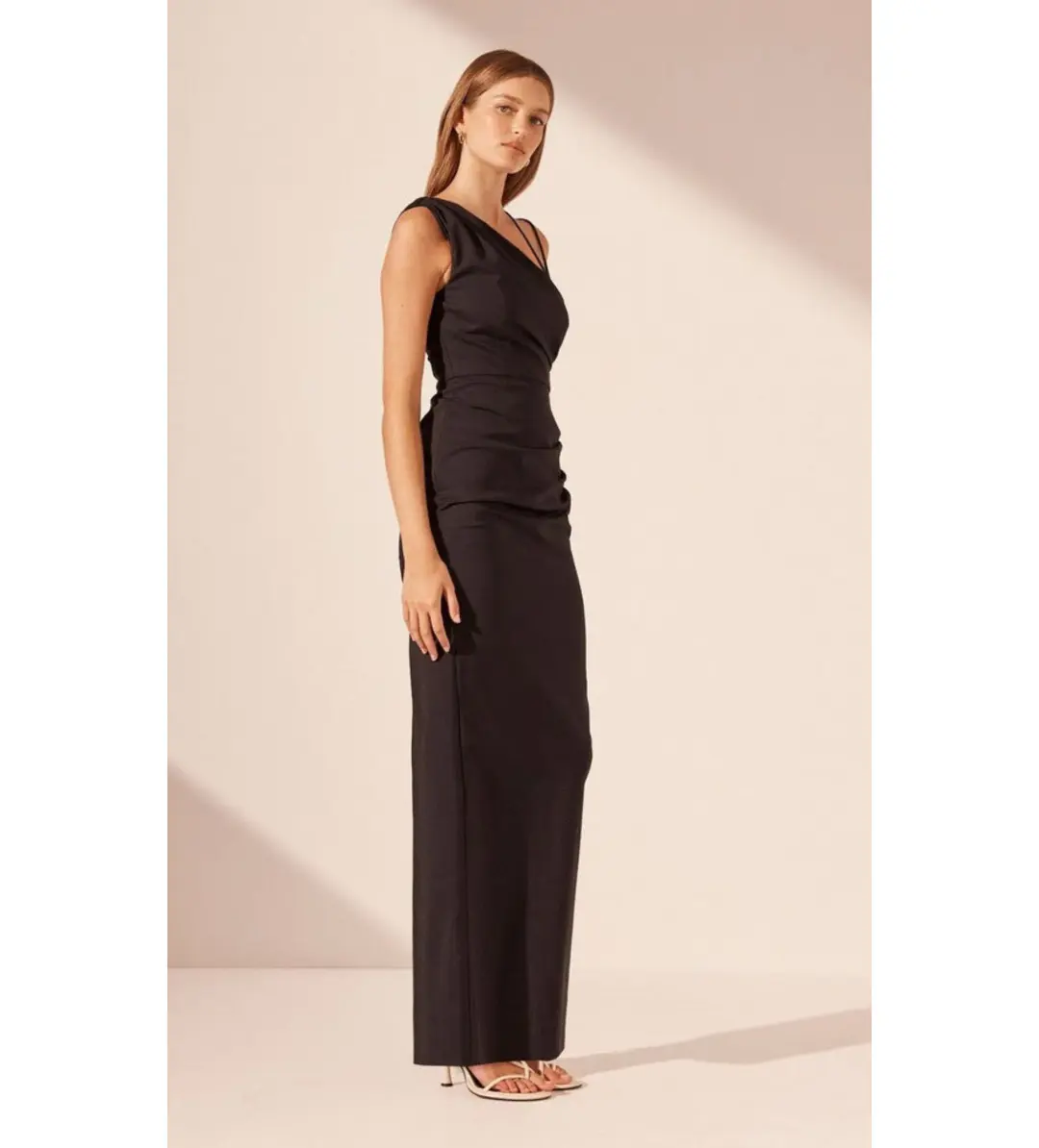 Shona Joy Lani Asymmetrical Gathered Maxi Dress Black Size AU 12 for rent on The Volte - main image