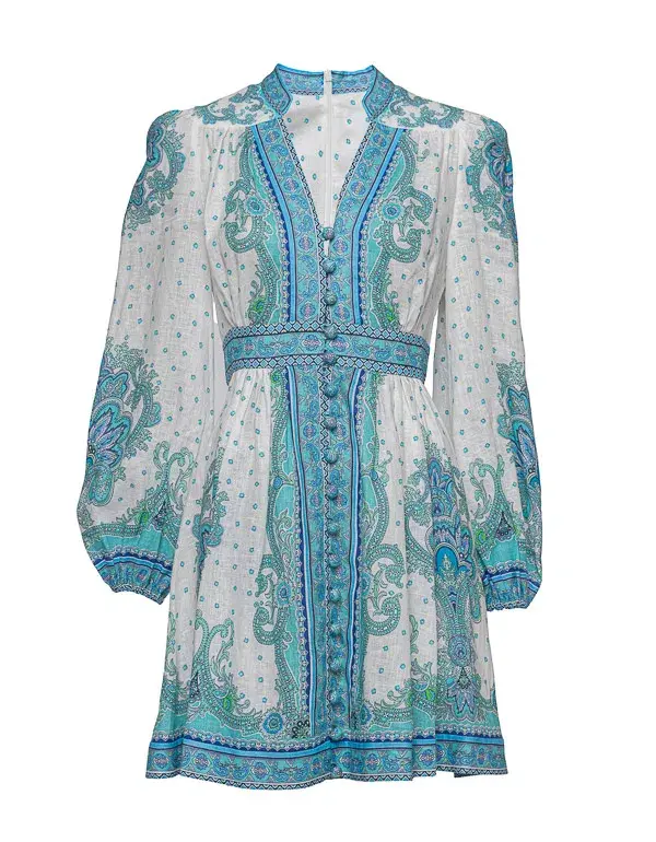 Zimmermann Bells Paisley Short Dress in Blue Paisley Size 2 / AU 12 for rent on The Volte - main image