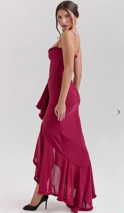 House of CB Gabbi Ruffled Front Gown Wine Size 10 for rent on The Volte - main image