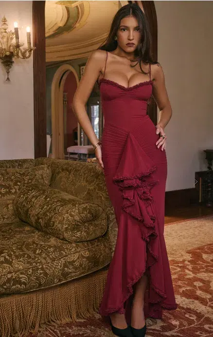 House of CB Gabbi Ruffled Front Gown Wine Size 10 for rent on The Volte - main image
