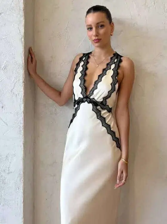 Shona Joy Camille Lace Cross Back Midi Dress in Cream/Black Size 10 for rent on The Volte - main image