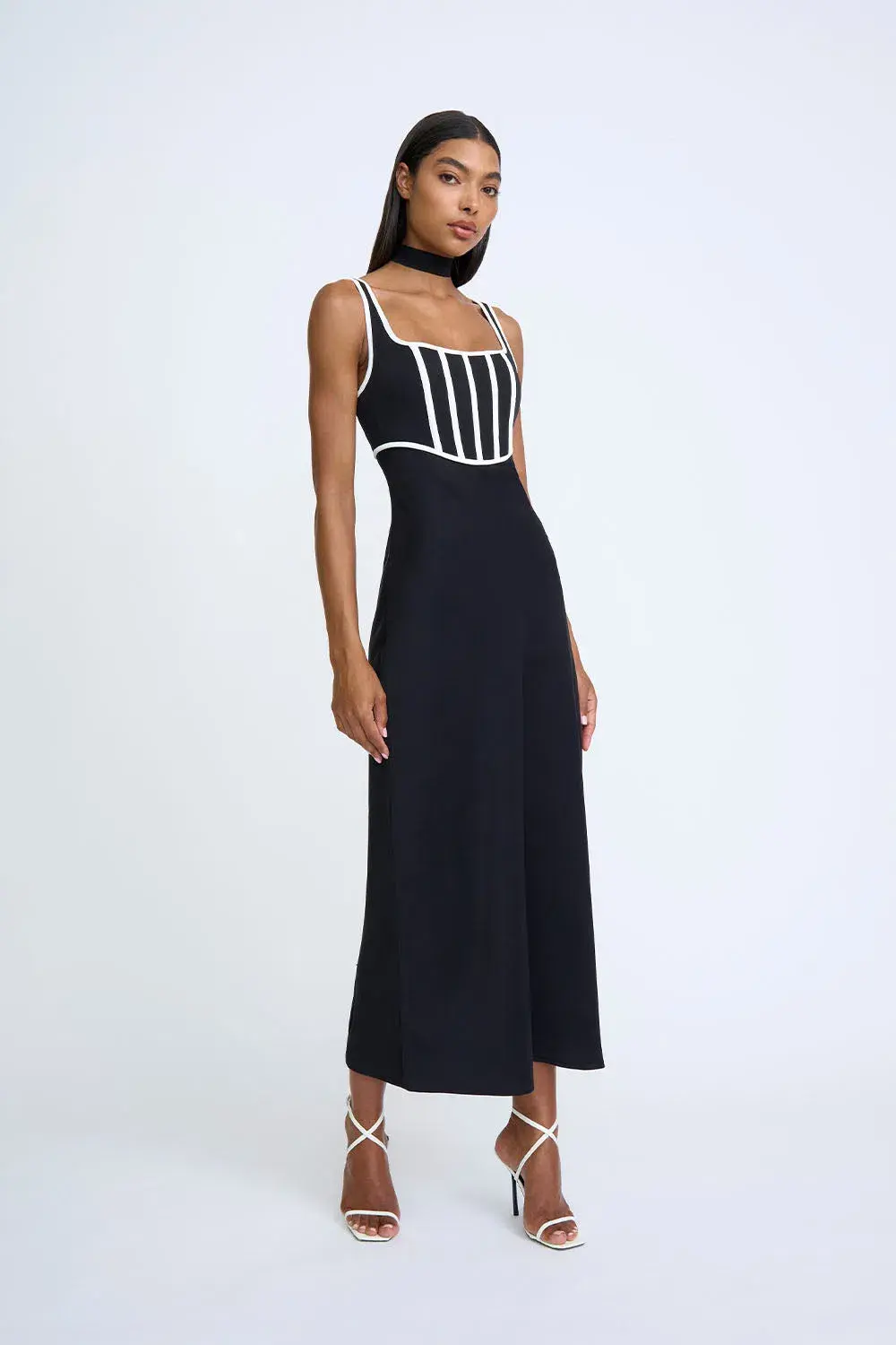 By Johnny Basia Boned Bustier Midi Dress Black Ivory Size 10 for rent on The Volte - main image