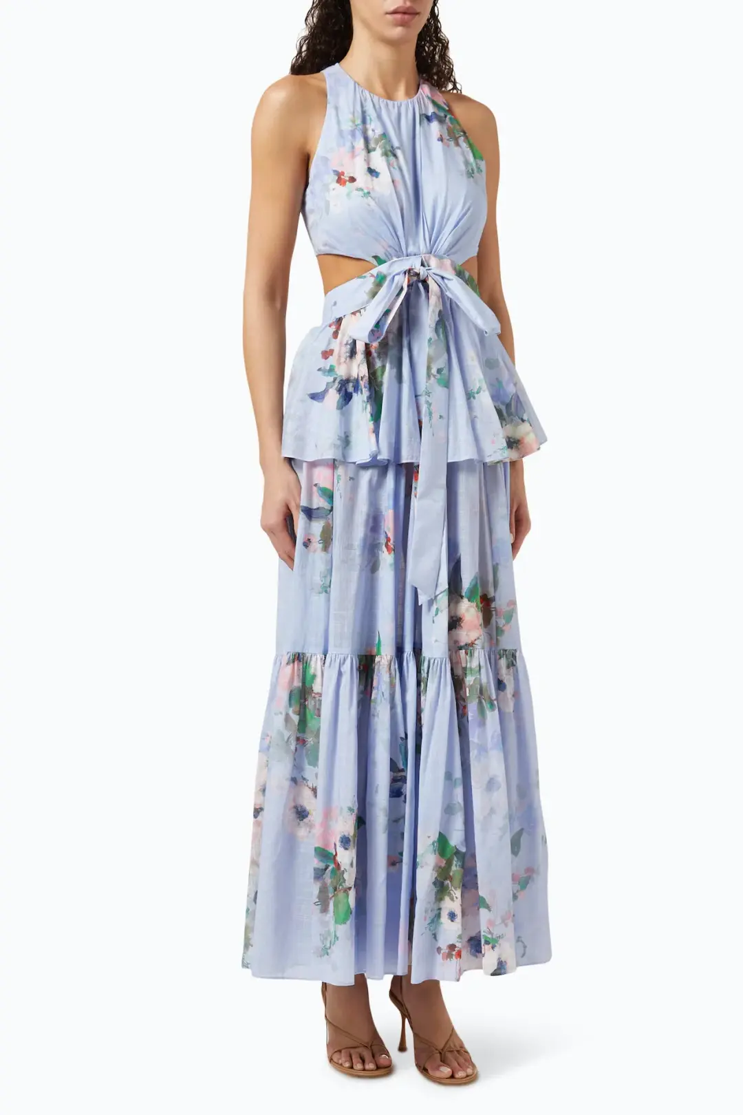 Zimmermann Everley Draped Bow Midi Dress Light Blue Watercolour Floral Size 0 / AU 8 for rent on The Volte - main image