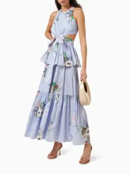 Zimmermann Everley Draped Bow Midi Dress Light Blue Watercolour Floral Size 0 / AU 8 for rent on The Volte - image 1