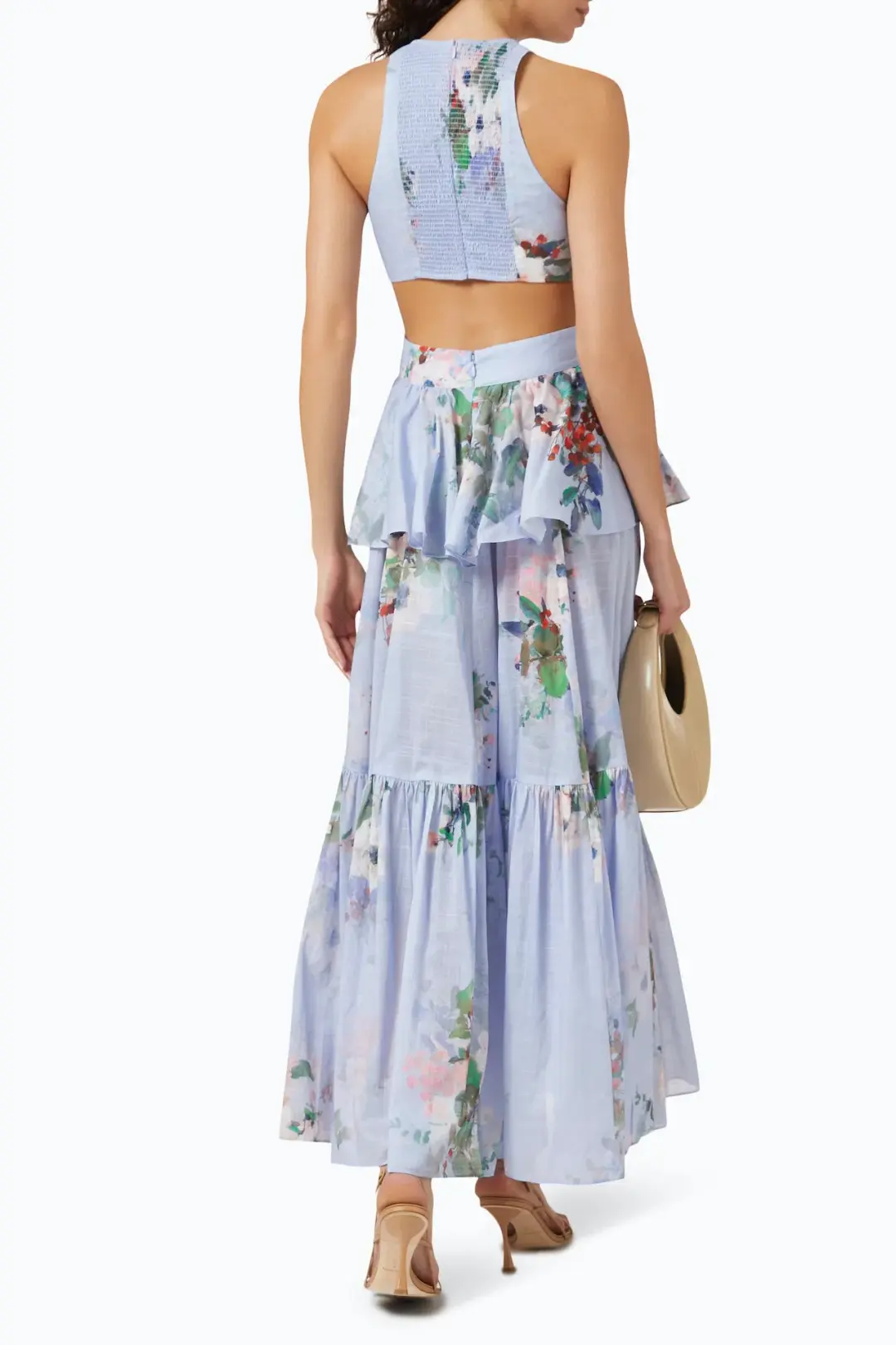 Zimmermann Everley Draped Bow Midi Dress Light Blue Watercolour Floral Size 0 / AU 8 for rent on The Volte - main image
