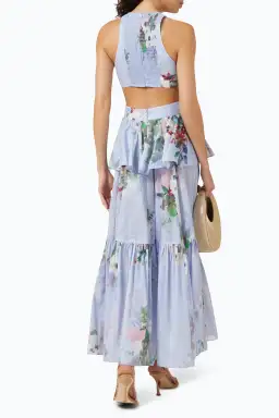 Zimmermann Everley Draped Bow Midi Dress Light Blue Watercolour Floral Size 0 / AU 8 for rent on The Volte - image 3
