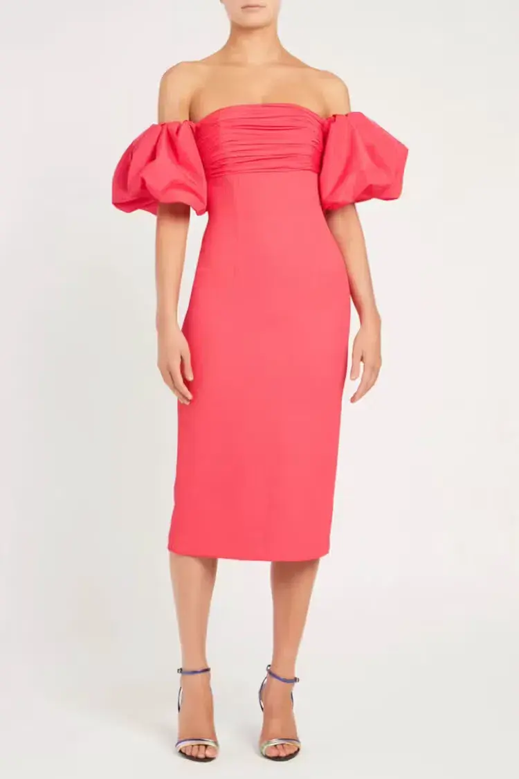 REBECCA VALLANCE CAITLIN OFF THE SHOULDER MIDI DRESS CORAL PINK SIZE 8 for rent on The Volte - main image