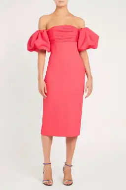 REBECCA VALLANCE CAITLIN OFF THE SHOULDER MIDI DRESS CORAL PINK SIZE 8 for rent on The Volte - image 1