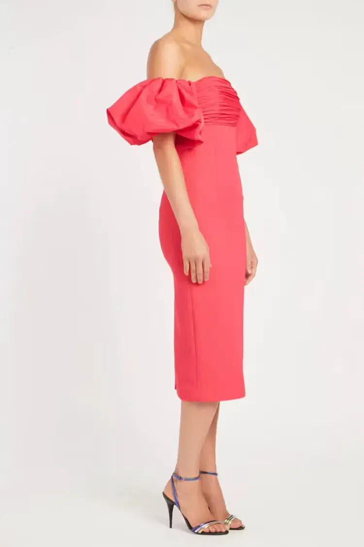 REBECCA VALLANCE CAITLIN OFF THE SHOULDER MIDI DRESS CORAL PINK SIZE 8 for rent on The Volte - main image