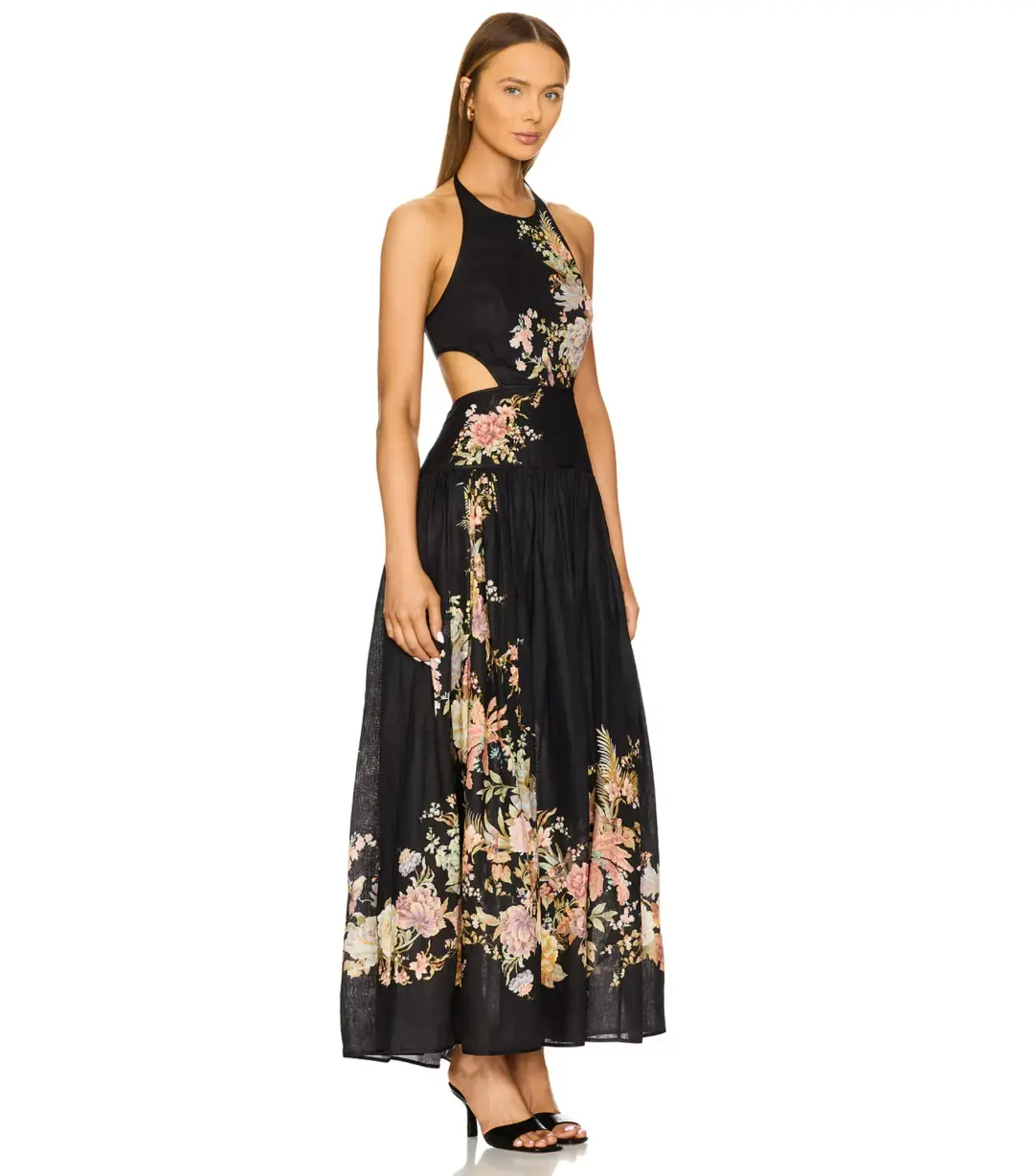 Zimmermann Tallow Halter Midi Dress in Black Multi Floral Size 1 / AU 10 for rent on The Volte - main image