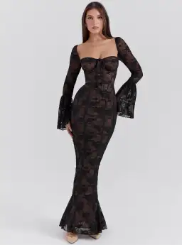 House Of CB Delilah Long Sleeve Lace Maxi Dress Black Size 6