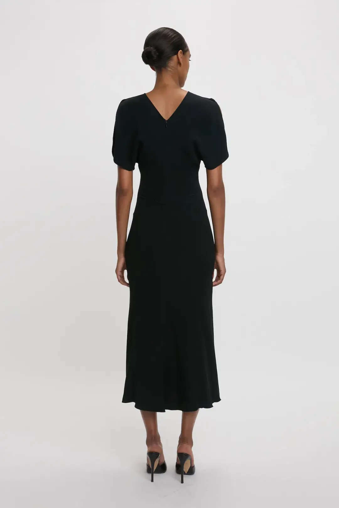 Victoria Beckham Gathered Waist Midi Dress in Black Size 8 for rent on The Volte - main image