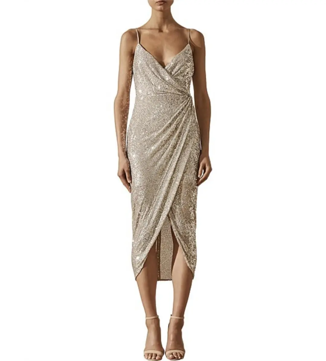 Shona Joy Dress Sequin Sparkle Drape Front Midi Dress Size 12 for rent on The Volte - main image