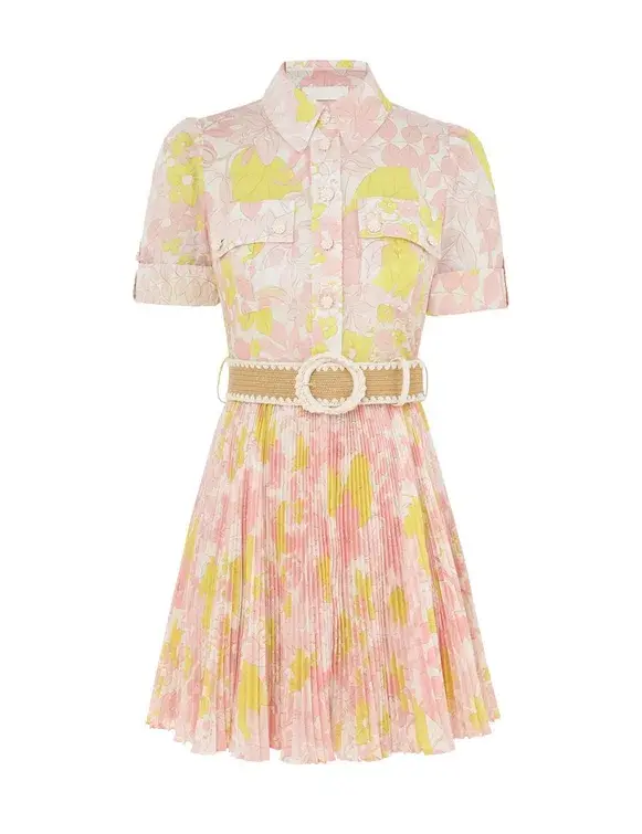 Zimmermann Size 1 Pop Pleated Mini Dress Pink/Yellow Floral Size 10 for rent on The Volte - main image