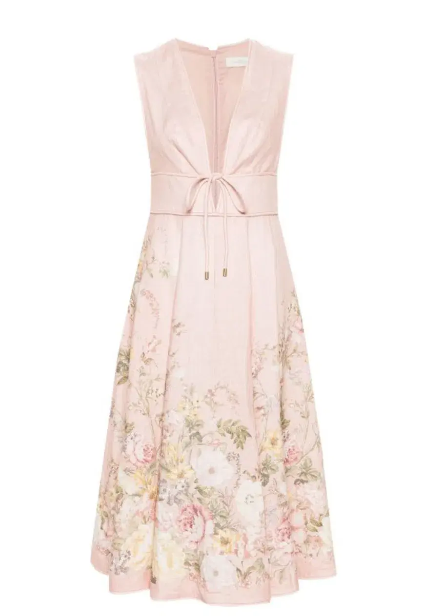 Zimmermann Waverly Plunge Midi Dress Pink Floral Size 2 (AU 12) for rent on The Volte - main image