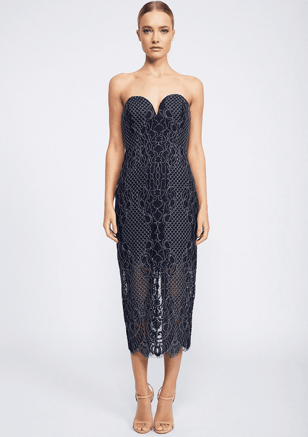 Shona Joy Lace Bustier Midi Dress Navy Size 10 for rent on The Volte - main image