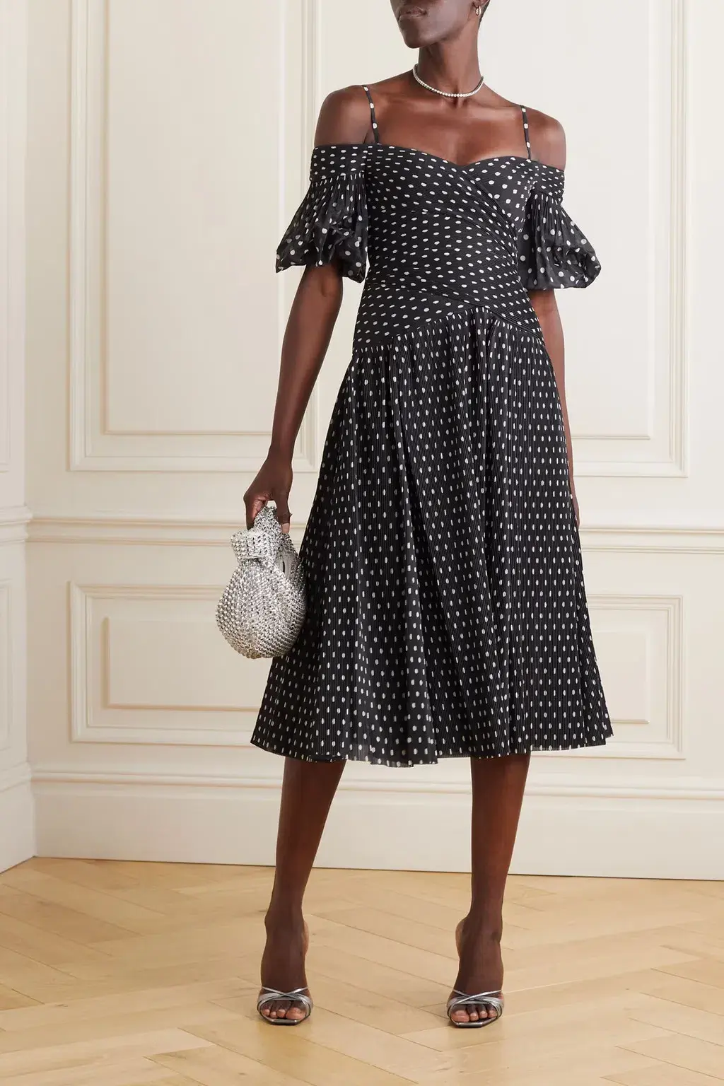Zimmermann Polka Dot Plissé Chiffon Midi Dress Black Size 0 / AU 8 for rent on The Volte - main image