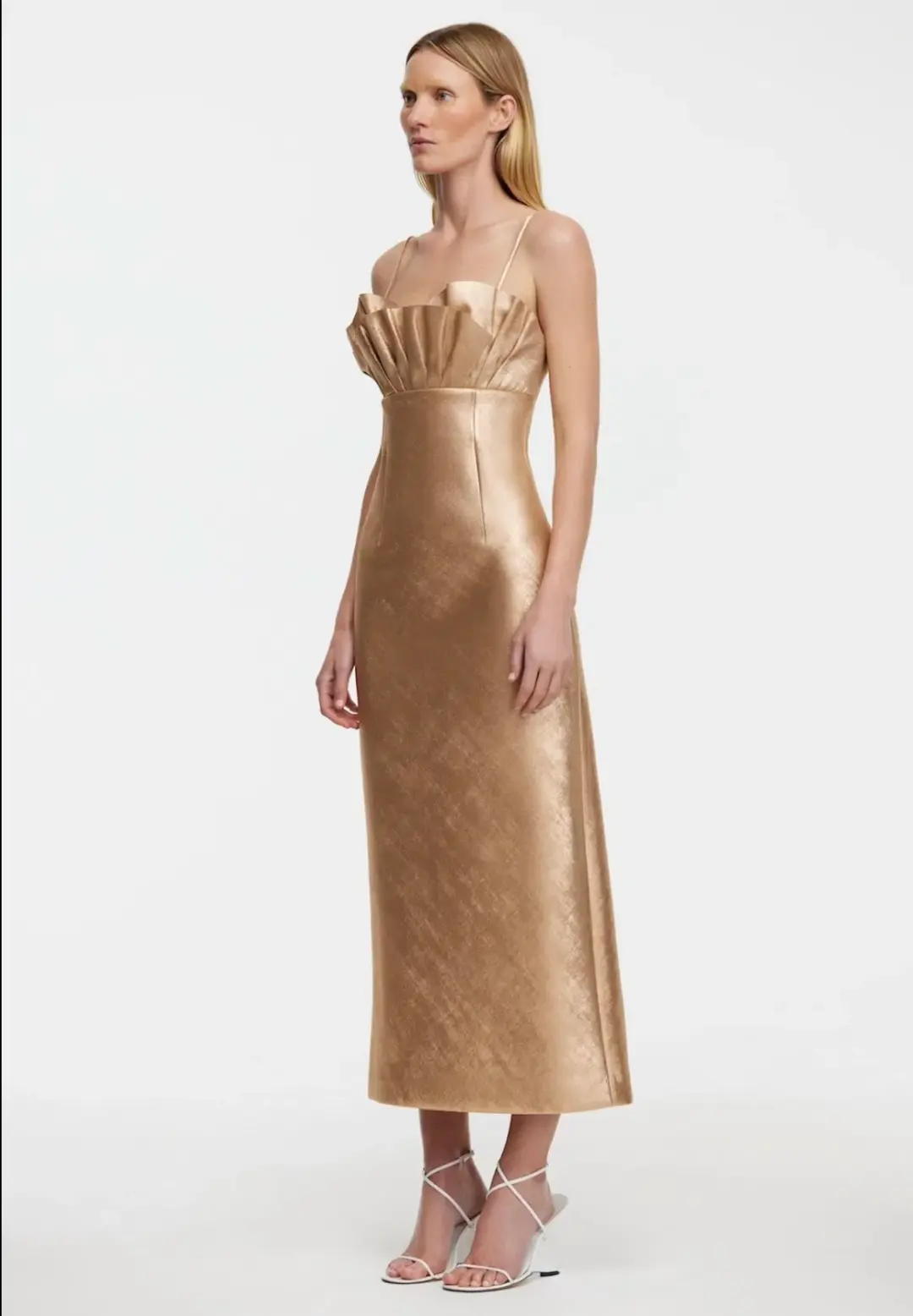 Acler Mahina Midi Dress Metallic Caramel Gold Size 8 for rent on The Volte - main image