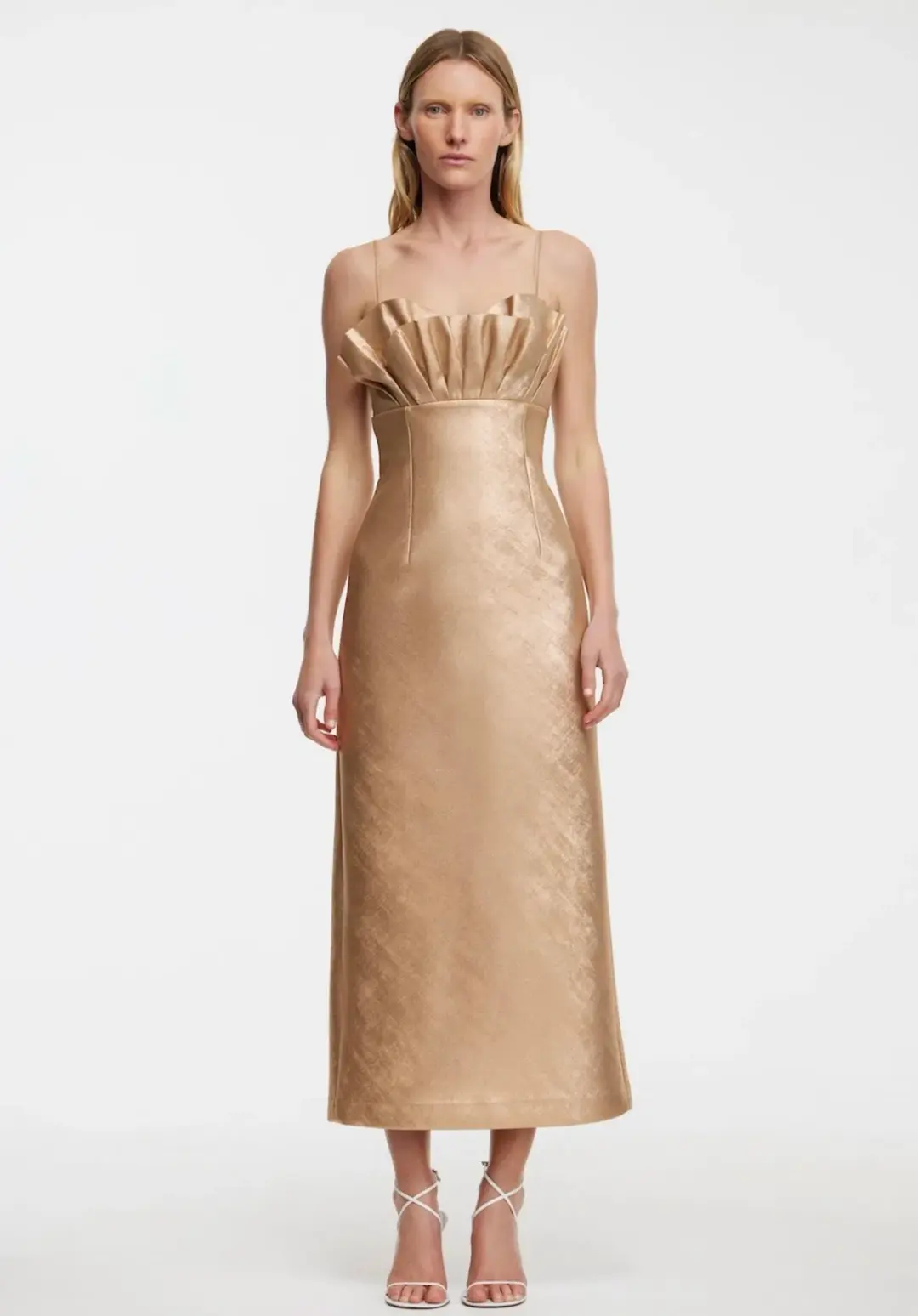 Acler Mahina Midi Dress Metallic Caramel Gold Size 8 for rent on The Volte - main image
