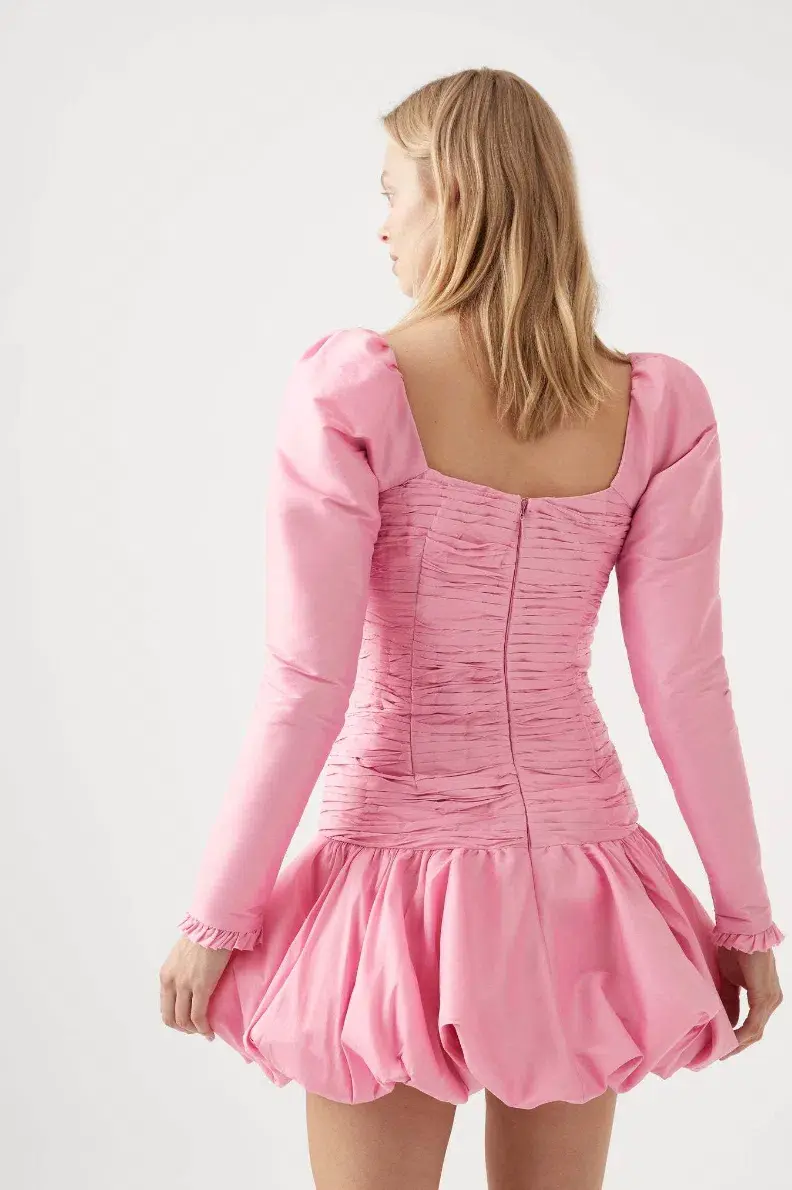AJE Bijou Ruched Long Sleeve Mini Dress in Bonbon Pink Size 4 for rent on The Volte - main image