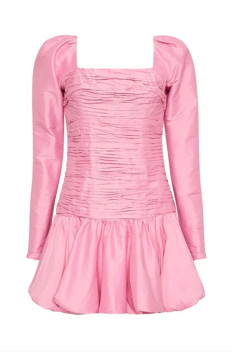 AJE Bijou Ruched Long Sleeve Mini Dress in Bonbon Pink Size 4 for rent on The Volte - main image
