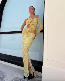 Bec & Bridge Spiral Crush Asymmetrical Maxi Dress in Citrus Size 8 for rent on The Volte - image 2