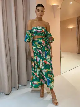 Alemais Arlo Puff Sleeve Crop Top & Midi Skirt Set Green Multi Size 8 for rent on The Volte - image 2