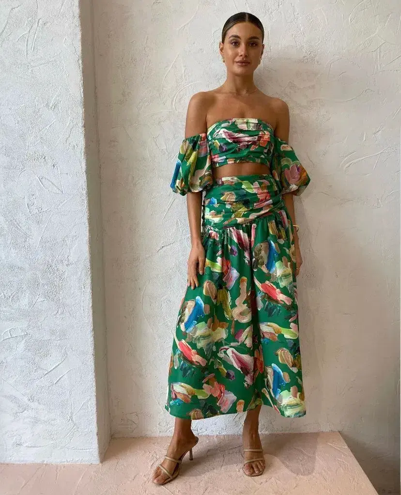 Alemais Arlo Puff Sleeve Crop Top & Midi Skirt Set Green Multi Size 8 for rent on The Volte - main image