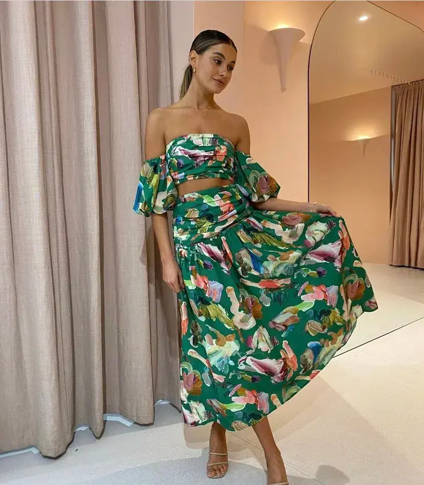 Alemais Arlo Puff Sleeve Crop Top & Midi Skirt Set Green Multi Size 8 for rent on The Volte - main image