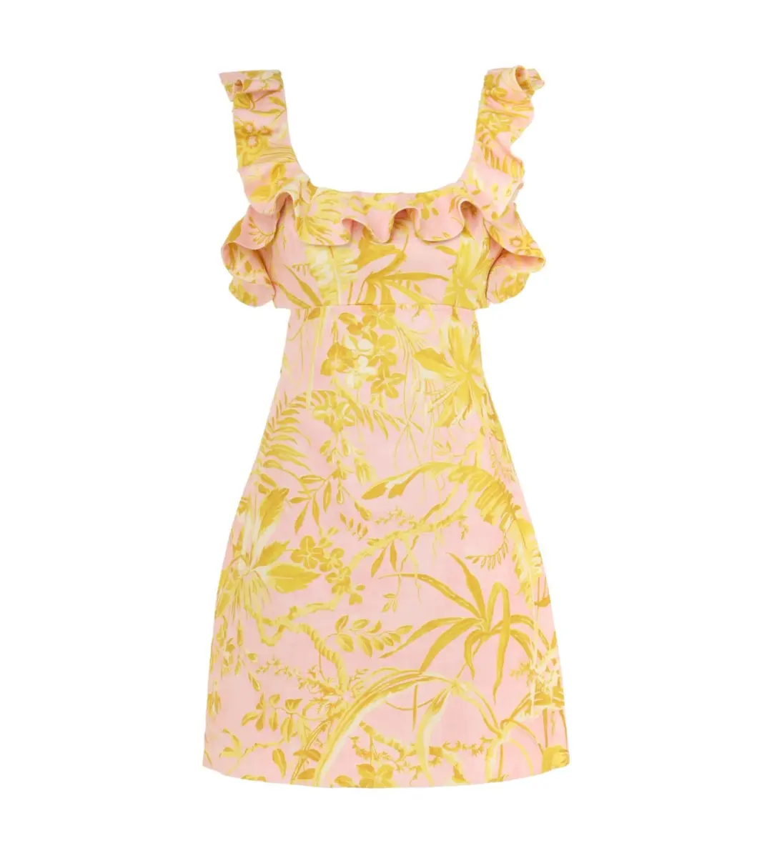 Zimmermann The Golden Ruffle Mini Dress in Pink/Gold Floral Size 2 / AU 12 for rent on The Volte - main image